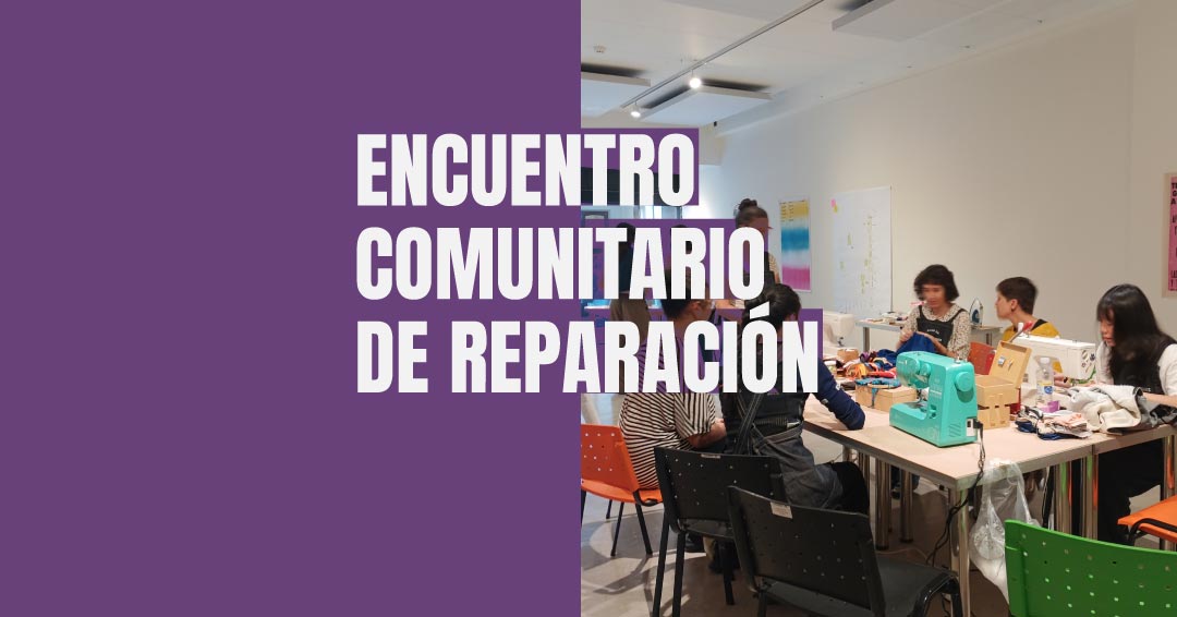 Imagen ilustrativa del Encuentro comunitario de reparación. Se ve a unas personas trabajando en reparación de textiles en la sala del CCEBA.