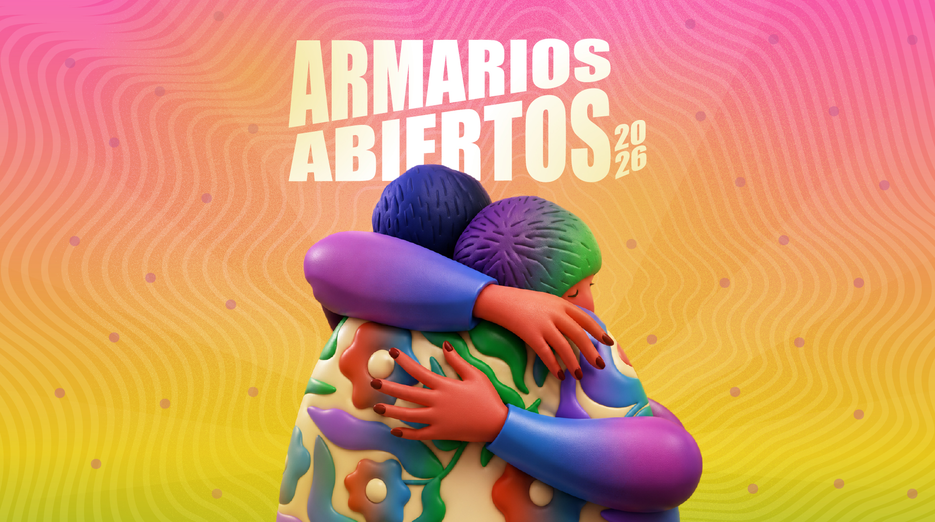 Imagen de dos personas abrazándose en un fondo de colores con el texto Armarios abiertos 2026
